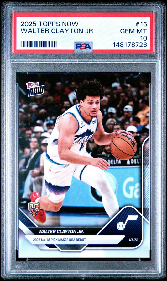 PSA-graded 2025 Topps Now Walter Clayton Jr. rookie card in clear holder showing player dribbling basketball in white Jazz uniform.