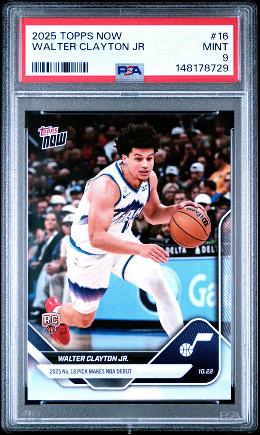 PSA-graded card in clear plastic holder showing Walter Clayton Jr. in white Jazz uniform dribbling basketball during game action.