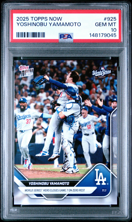 PSA-graded 2025 Topps Now baseball card #925 featuring Yoshinobu Yamamoto in protective case with red label.