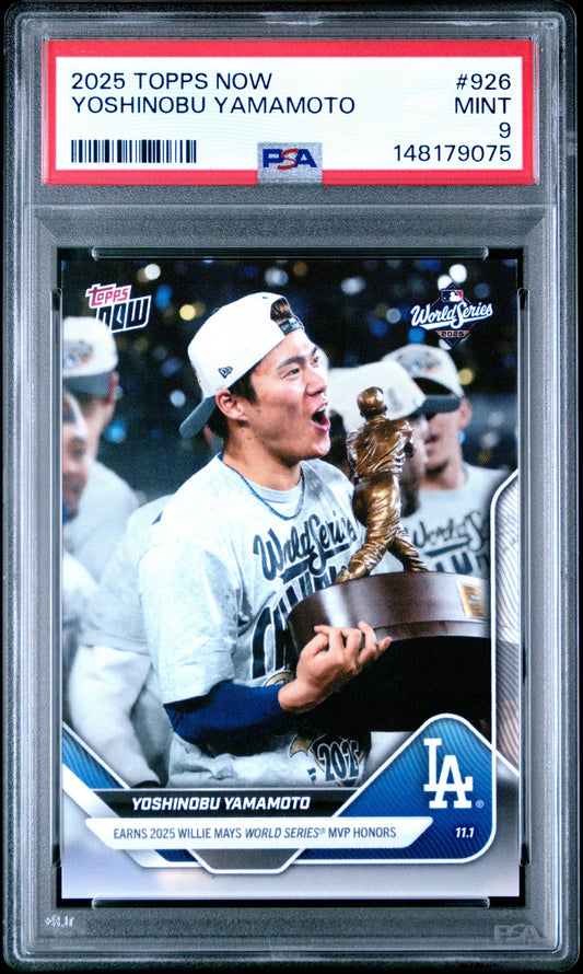 PSA-graded 2025 Topps Now baseball card #926 showing Yoshinobu Yamamoto in Dodgers uniform holding World Series trophy, encased in plastic holder with red label.