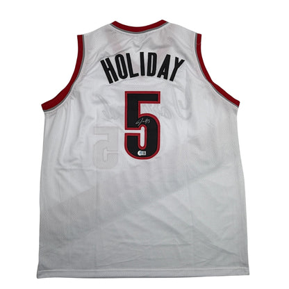 Autographed/Signed Jrue Holiday Portland White Basketball Jersey Beckett BAS COA