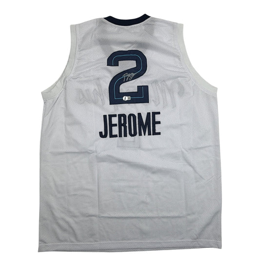 Back view of white mesh basketball jersey with navy number 2 and "JEROME" text, navy collar binding.
