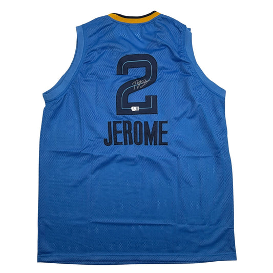 Back view of blue mesh basketball jersey with navy number 2, "JEROME" text, and signature across chest.