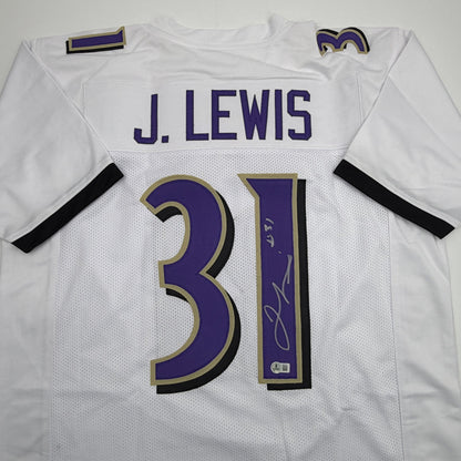 Autographed/Signed Jamal Lewis Baltimore White Football Jersey Beckett BAS COA