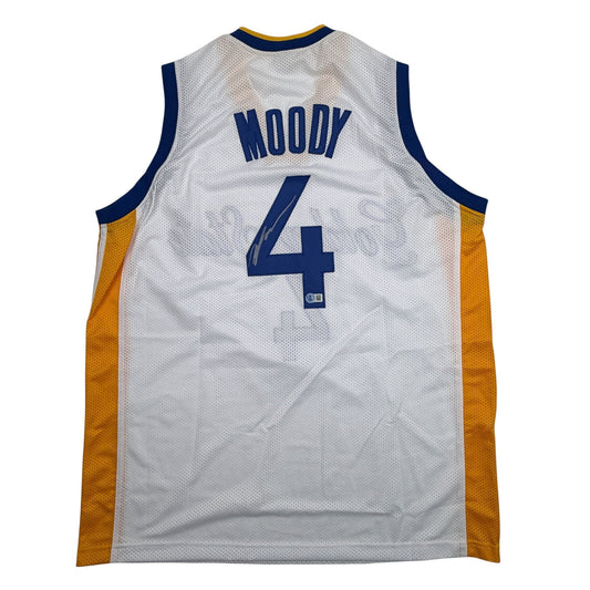 Back view of white Golden State Warriors basketball jersey number 4 with "MOODY" nameplate in navy blue, gold side panels, and mesh fabric.
