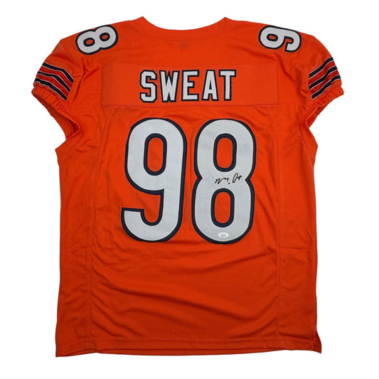 Back view of orange NFL jersey with "SWEAT" and number "98" in white and navy lettering on red fabric.