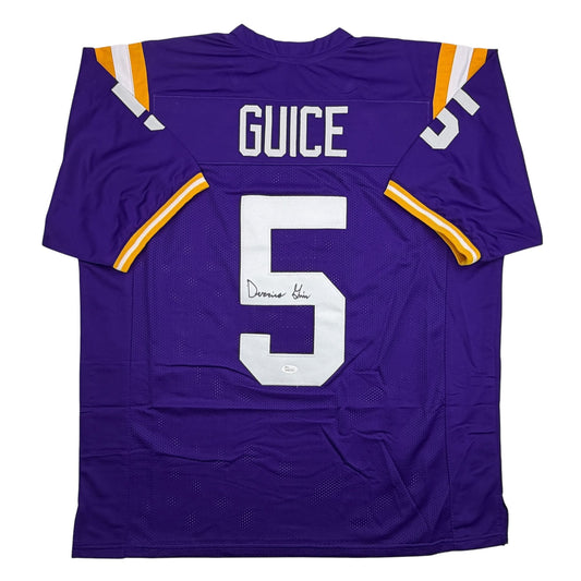 Purple LSU football jersey number 5 with "GUICE" printed across shoulders, displaying autographed signature on front, flat lay back view.