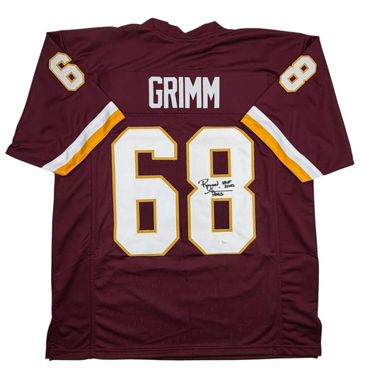 Maroon and white football jersey numbered 68 with "GRIMM" printed across shoulders, displayed flat on white background.