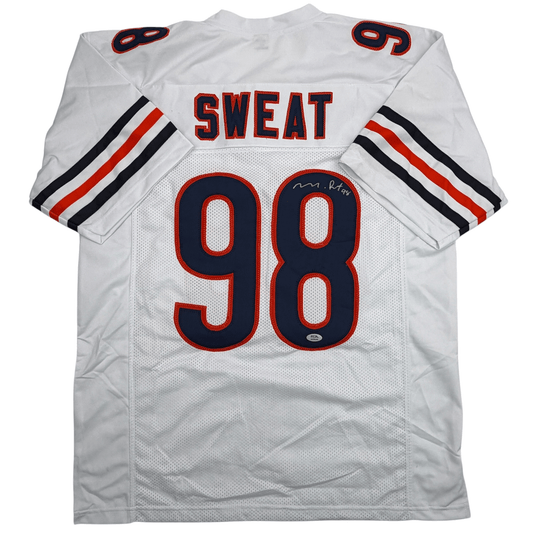 White Chicago Bears football jersey number 98 labeled "SWEAT" displayed flat, showing back view with red and navy numerals and striped sleeves.