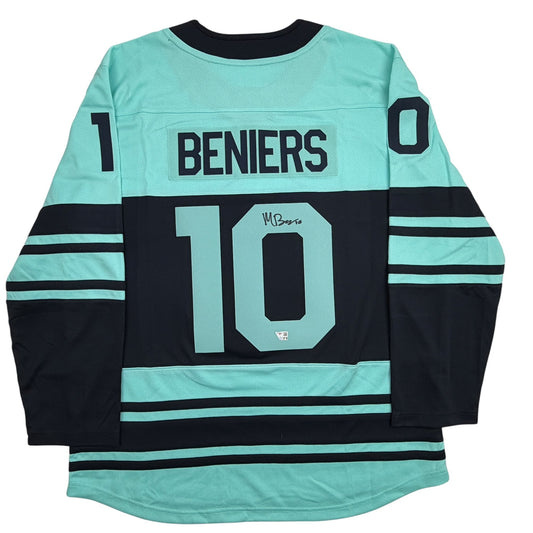 Back view of turquoise and black striped hockey jersey with "BENIERS" and number "10" in turquoise, signed in black marker.