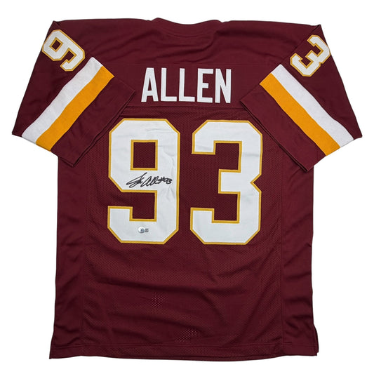 Maroon Washington football jersey number 93 with "ALLEN" nameplate, signed, displayed flat against white background.