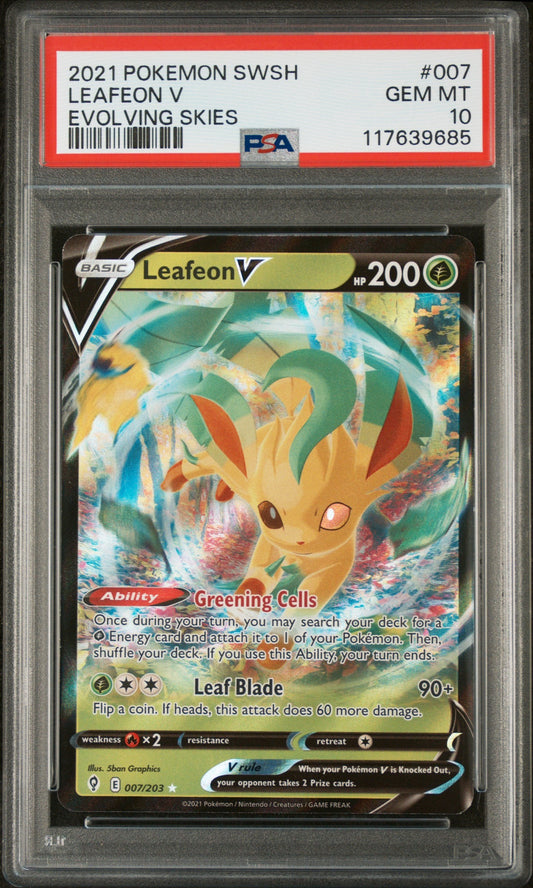 PSA-graded Leafeon V card in protective case, showing front with yellow Pokemon, green foliage, red grading label, and PSA 10 Gem Mint certification.