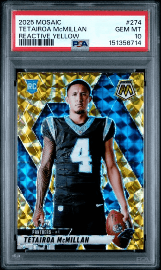 PSA-graded rookie card in clear plastic case showing McMillan in black Panthers jersey holding football against yellow and blue geometric background.