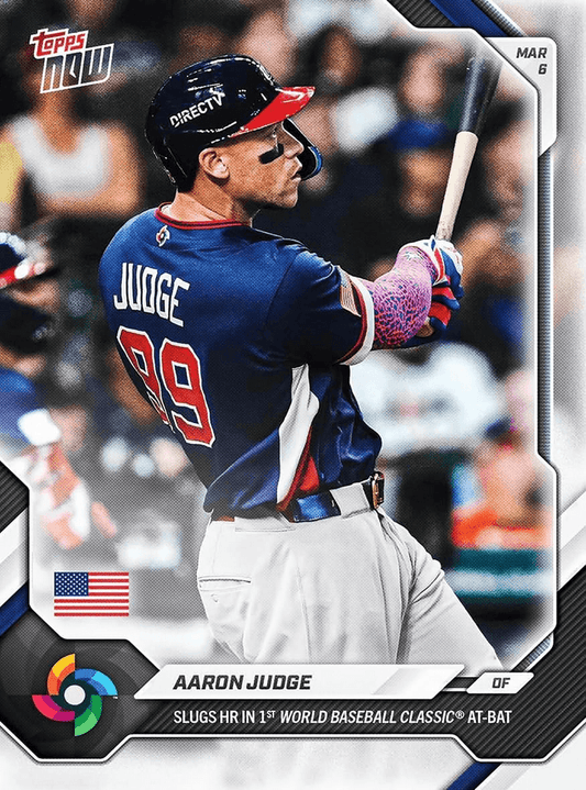 Baseball card showing Aaron Judge in Team USA blue uniform mid-swing, with "JUDGE 99" visible on jersey back.