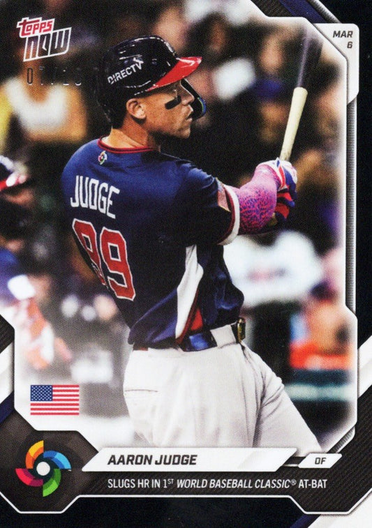 Aaron Judge in batting stance wearing Team USA navy uniform with pink gloves, Topps Now baseball card with black foil finish.