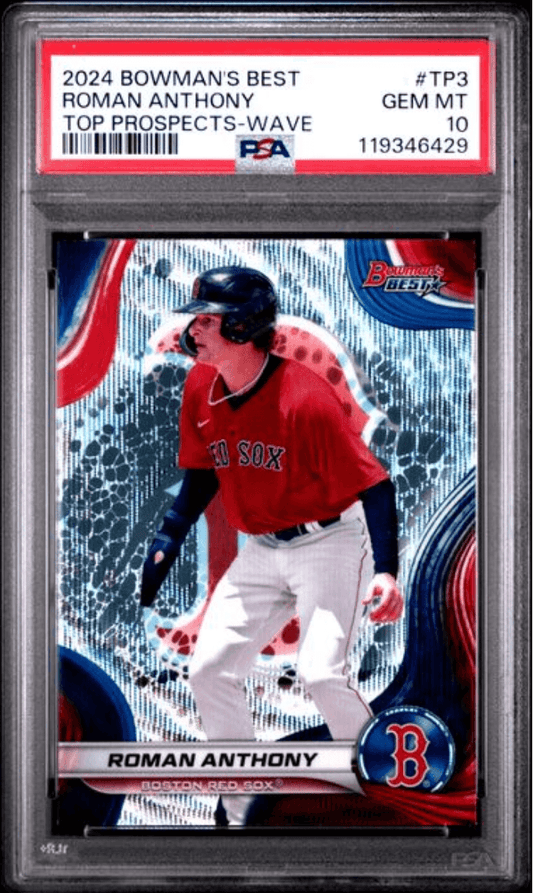 PSA-graded baseball card in clear plastic holder displaying Roman Anthony in red Boston Red Sox uniform against blue and white background design.