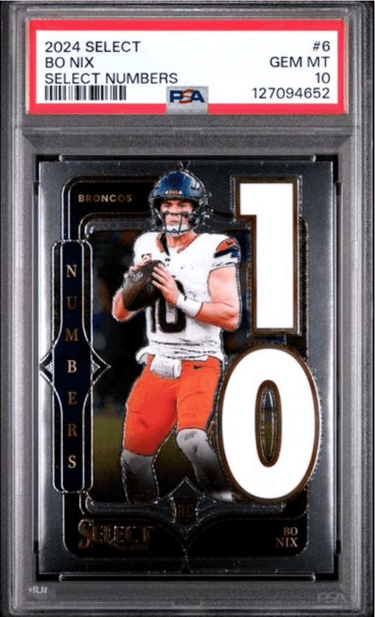 PSA-graded 2024 Panini Select Bo Nix rookie card in holder showing player in Broncos uniform with large number zero overlay.
