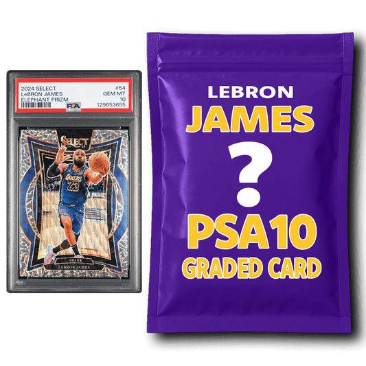 Graded LeBron James basketball card in protective case beside purple mystery pack envelope with yellow text and question mark.
