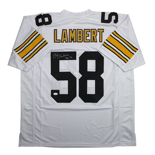 White Pittsburgh Steelers football jersey number 58 with LAMBERT name and gold/black striped sleeves, signed in black ink.