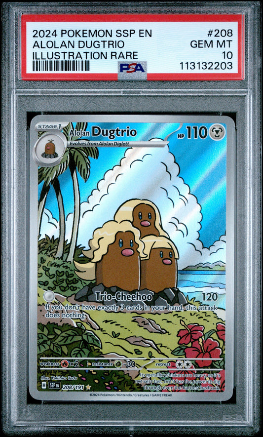 PSA-graded Pokemon trading card in clear plastic case displaying Alolan Dugtrio illustration with tropical beach background and red grading label.