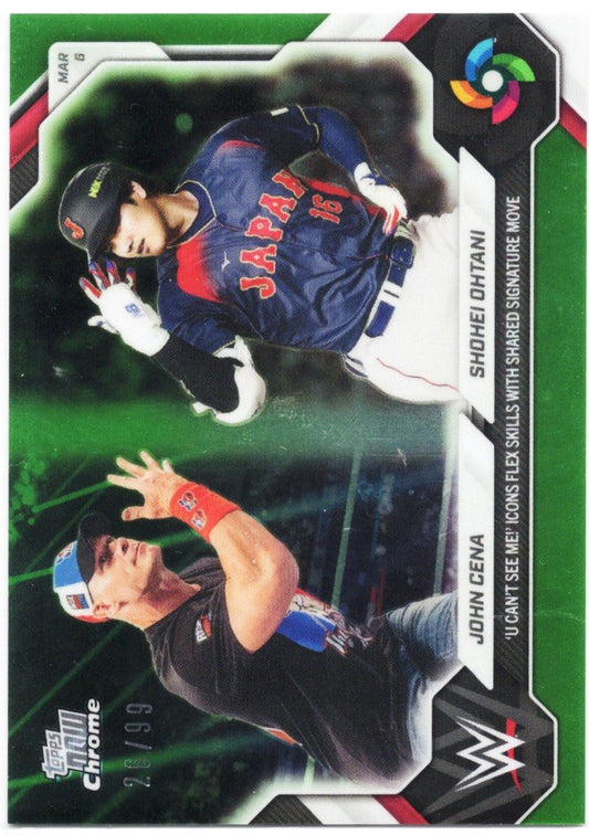 Baseball card featuring Shohei Ohtani in Japan uniform above John Cena in dark shirt, green chrome background with red and blue accents.