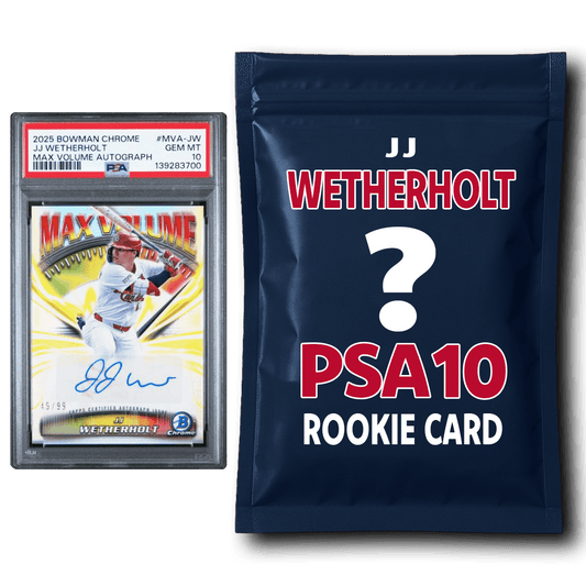 PSA 10 graded JJ Wetherholt autographed baseball card in protective case beside navy mystery pack envelope.