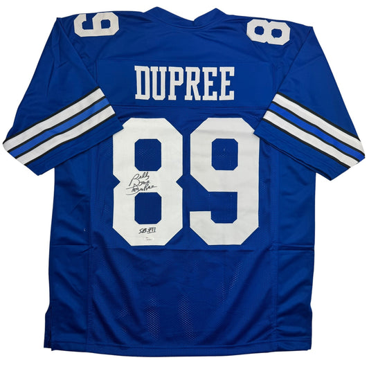 Blue Dallas Cowboys football jersey number 89 with "DUPREE" printed across chest and autographed signature on front, displayed flat.