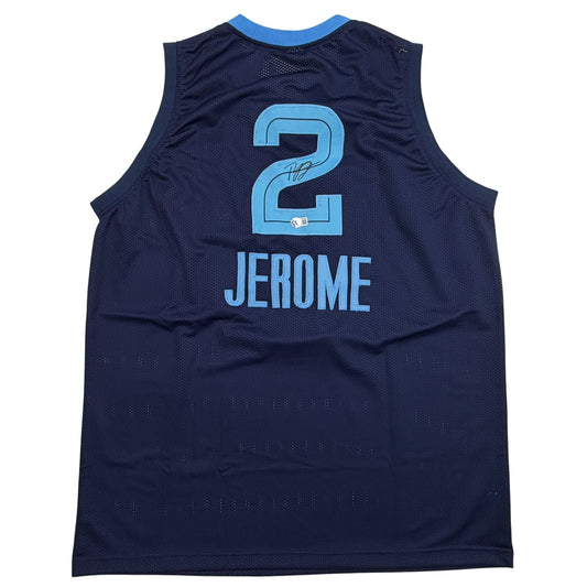 Back view of navy blue mesh basketball jersey with light blue number 2 and "JEROME" text, blue collar trim visible.