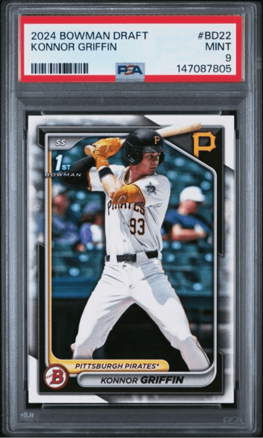 PSA-graded 2024 Bowman Draft baseball card featuring Konnor Griffin in Pittsburgh Pirates uniform, frontal view in protective holder.