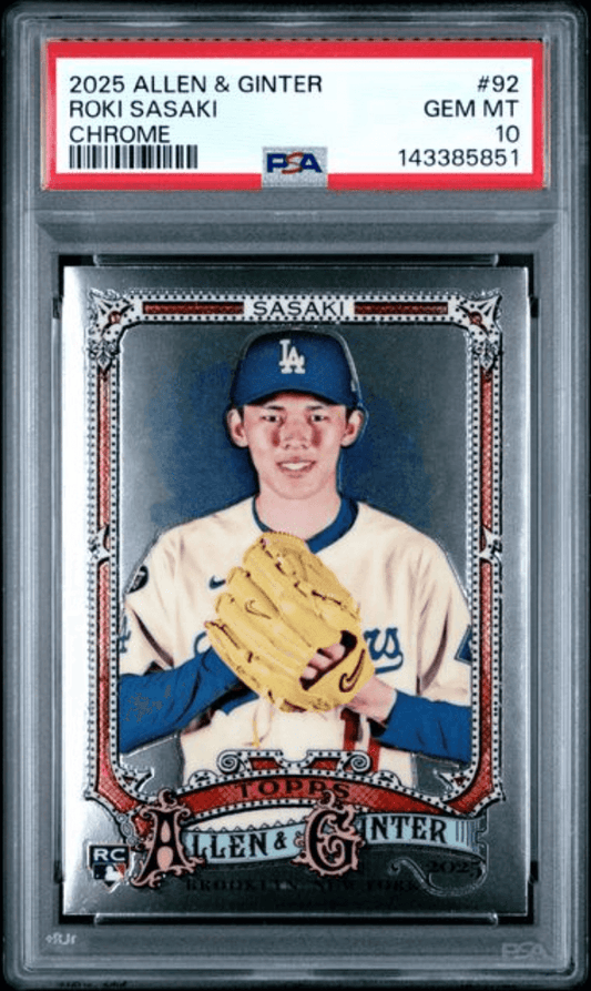 PSA-graded 2025 Allen & Ginter Chrome rookie card #92 of Roki Sasaki in Los Angeles Dodgers uniform, displayed in protective slab.
