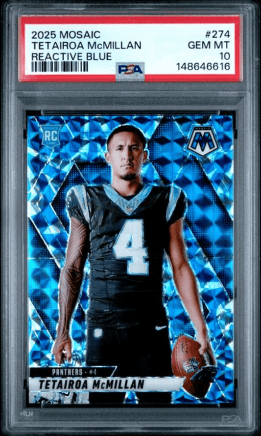 PSA-graded trading card in clear plastic case showing football player in black Panthers #4 jersey against blue reactive mosaic background with card details visible on label.