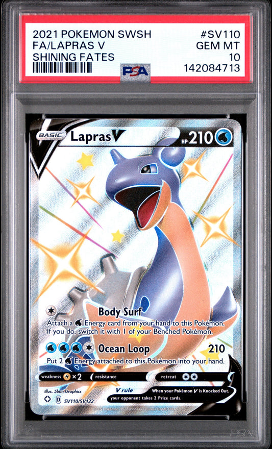 PSA graded trading card in clear case showing Lapras V Pokémon character with stars on white background, red grading label visible at top.