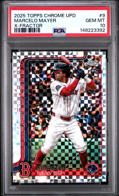 PSA-graded baseball card in clear plastic case showing Marcelo Mayer in red Boston Red Sox uniform against checkered X-Fractor background.