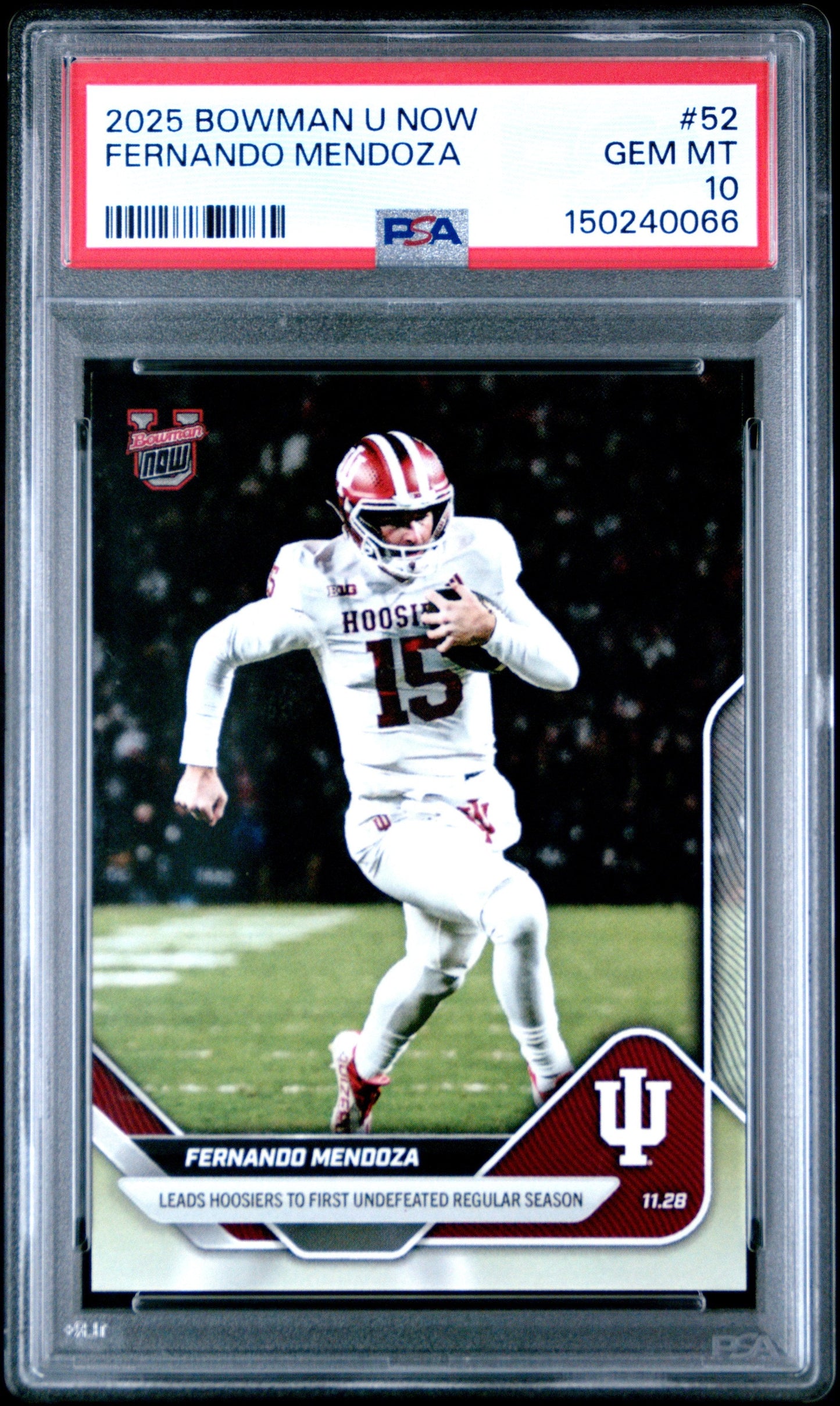 Graded 2025 Topps Bowman U Now Fernando Mendoza #52 Leads Hoosiers to First Undefeated Regular Season Indiana Hoosiers Rookie RC Football Card PSA 10 Gem Mint