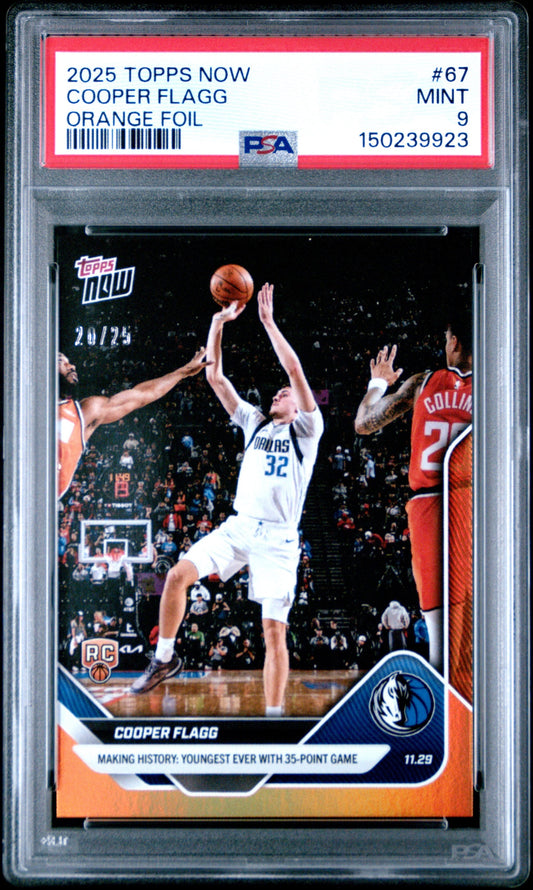 PSA-graded sports card in clear plastic holder showing Cooper Flagg rookie basketball card with orange foil finish and red label.
