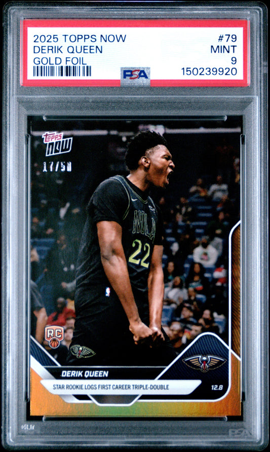 PSA-graded card in clear plastic case showing Derik Queen in black Pelicans jersey celebrating during game, with red label and gold foil designation visible.