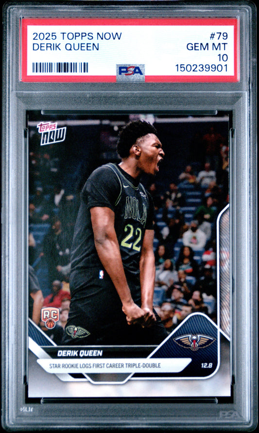 PSA-graded 2025 Topps Now Derik Queen rookie card in clear plastic case displaying player photo, jersey number 22, and red label with grade details.