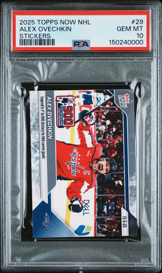 PSA-graded 2025 Topps Now NHL sticker card #29 of Alex Ovechkin in red Capitals uniform, enclosed in clear plastic holder with red label.