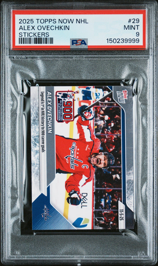 PSA-graded card in clear case showing Alex Ovechkin sticker card front with red Capitals jersey and player photo.