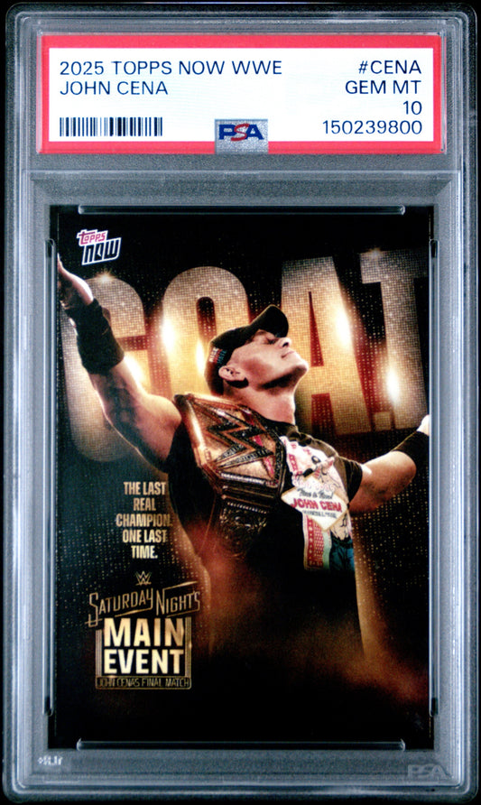 PSA-graded trading card in clear plastic case displaying John Cena in WWE championship attire with gold lighting and "2011" text.