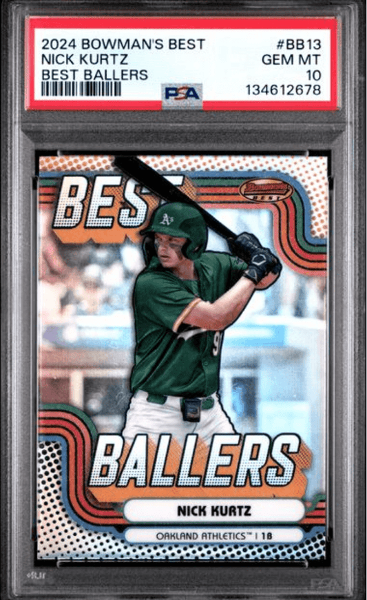 PSA-graded 2024 Bowman's Best Nick Kurtz baseball card in protective case showing player in green Oakland Athletics uniform at bat.