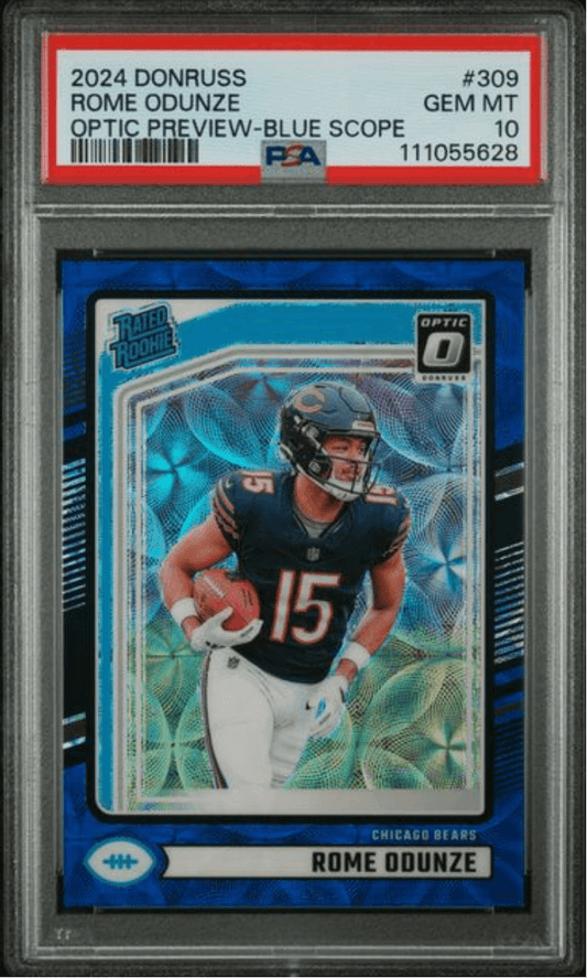 PSA-graded trading card in plastic holder displaying Rome Odunze football card with blue holographic background and red grading label.