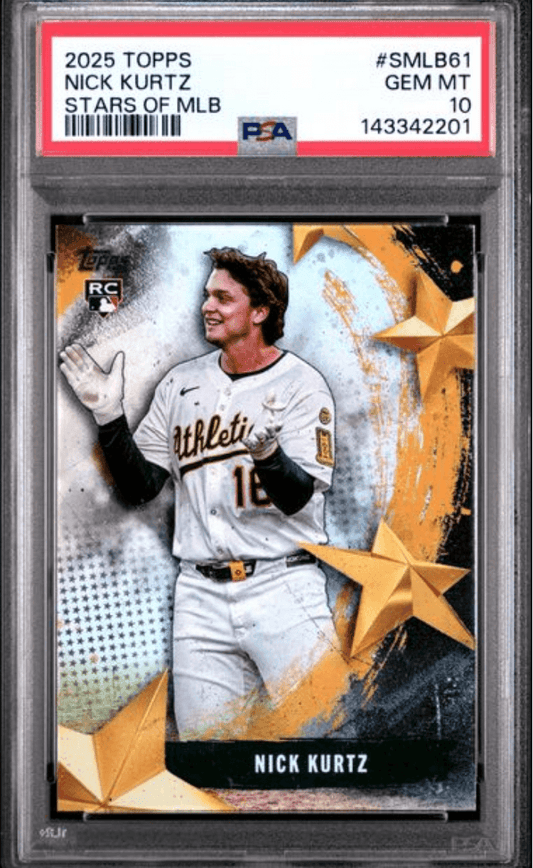 PSA graded rookie card displaying Nick Kurtz in Athletics uniform with orange star design and red grading label visible.
