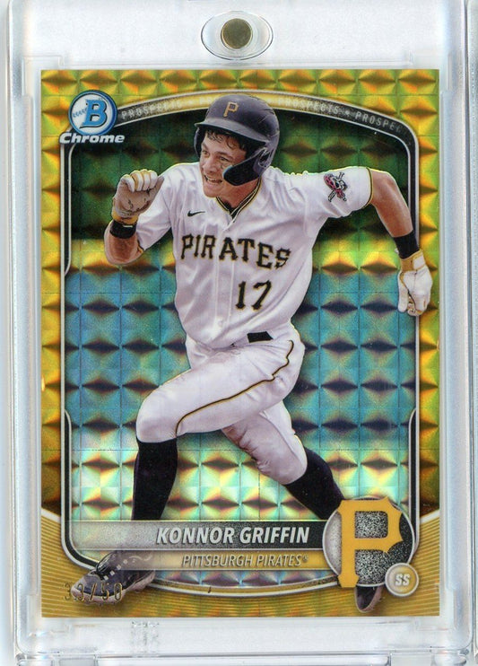 Bowman Chrome baseball card showing Konnor Griffin in Pittsburgh Pirates uniform number 17, mid-swing, with gold refractor finish and holographic background.