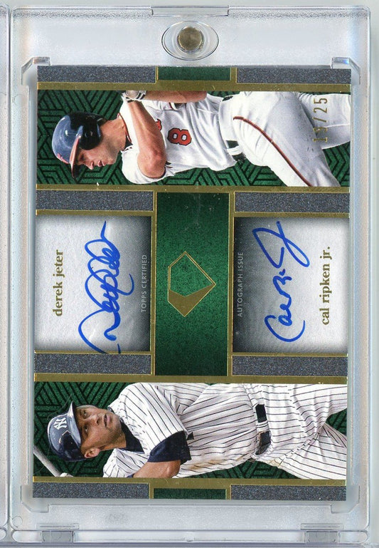 Autographed baseball card featuring Derek Jeter and Cal Ripken Jr. signatures with player photos and green field design, card number 11/25 visible.