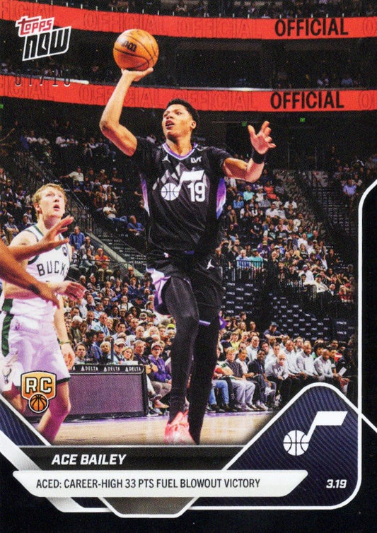 Ace Bailey shoots over a Bucks defender in Utah Jazz black jersey, Topps Now card with RC logo and career-high 33 points caption.