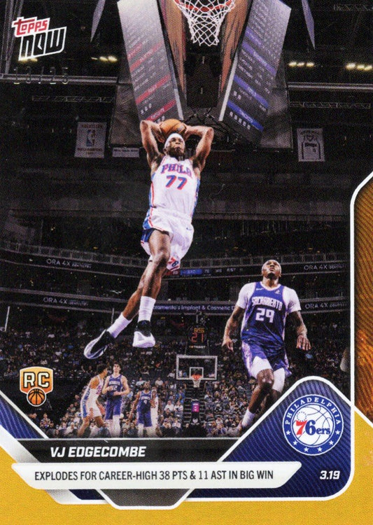 VJ Edgecombe in white 76ers jersey performing mid-air dunk during game against Sacramento Kings, card shows career-high stats text.