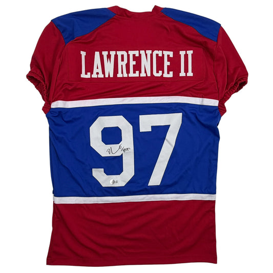 Back view of red and blue striped retro football jersey with "LAWRENCE II" and number "97" in white, signed with authentication seal.