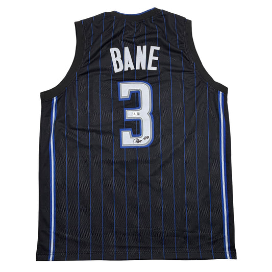 Black pinstriped basketball jersey with blue accents displaying "BANE" and number "3" on back, signed by player.
