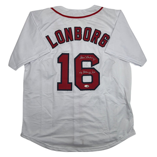 Back view of white baseball jersey with "LONBORG" and number "16" in red and navy, featuring handwritten autograph and "Cy Young 67" inscription.